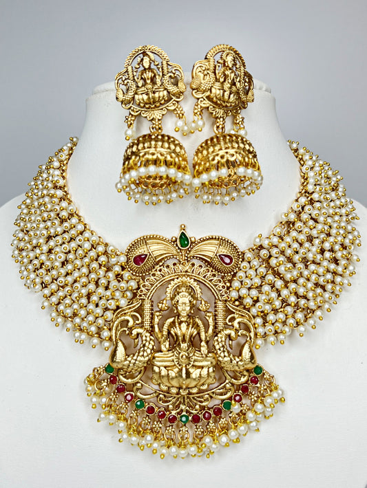 MAHALAKSHMI WHITE PEARL TEMPLE JEWELLERY